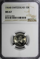 Switzerland Copper-Nickel 1964 B 10 Rappen NGC MS67 GEM BU  KM# 27 (004)