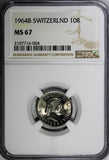 Switzerland Copper-Nickel 1964 B 10 Rappen NGC MS67 GEM BU  KM# 27 (004)