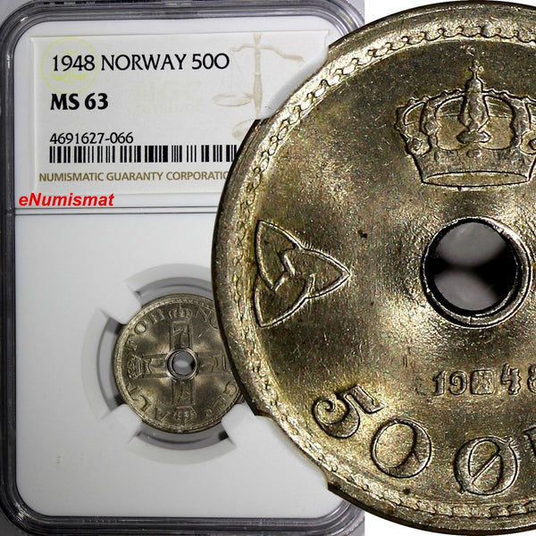 Norway Haakon VII Copper-Nickel 1948 50 Ore NGC MS63 KM# 386 (066)