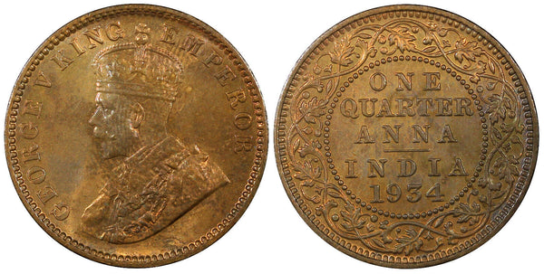 India-British George V Bronze 1934 (C) 1/4 Anna UNC Red Toned KM# 512  (22 308)