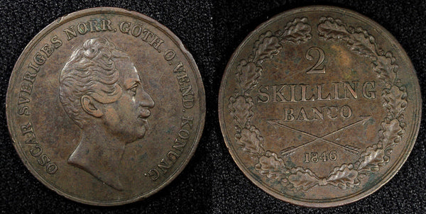 Sweden Oscar I Copper 1846 2 Skilling Banco 33.5 mm Mintage-56,000 KM#664 (564)