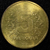 FINLAND Aluminum-Bronze 1974  5 Markkaa UNC/BU  KM# 53 (24 021)