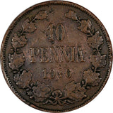 FINLAND Nicholas II Copper 1910 10 Penniä Low Mintage-241,000 RARE KM# 14 (531)