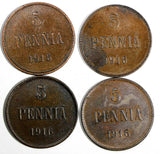 Finland Nicholas II Copper LOT OF 4 COINS 1916 5 Pennia KM# 15