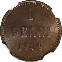Finland Nicholas II Copper 1908 1 Penni NGC MS65 BN KM# 13 (022)