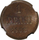 Finland Nicholas II Copper 1908 1 Penni NGC MS65 BN KM# 13 (022)