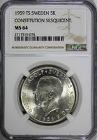 SWEDEN Silver 1959 TS 5 Kronor NGC MS64 Constitution Sesquicentennial KM# 830