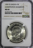 SWEDEN Silver 1959 TS 5 Kronor NGC MS64 Constitution Sesquicentennial KM# 830