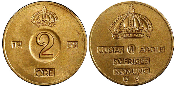 Sweden Gustaf VI Bronze 1959 TS 2 Ore GEM BU Toned KM# 821 (21 954)