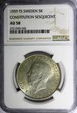 SWEDEN Silver 1959 TS 5 Kronor NGC AU58 Constitution Sesquicentennial KM# 830(2)