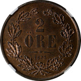 SWEDEN Oscar II  Bronze 1873 2 Ore NGC MS64 RB Nice Toning 1 YEAR TYPE KM# 729