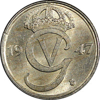 Sweden Gustaf V Nickel-Bronze 1947 TS 25 Öre Last Year UNC KM# 798 (22 036)