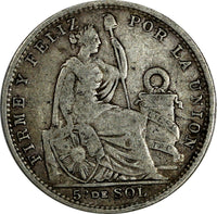 Peru Silver 1906 JF 1/5 Sol Mintage-660,000 "LIBERTAD" KM# 205.2 (19 395)