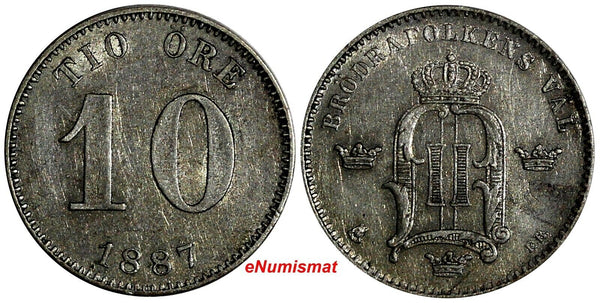 SWEDEN Oscar II Silver 1887 EB 10 Ore  XF Condition KM# 755 (15 583)