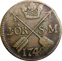 SWEDEN COPPER  Frederick I 1749 2 Ore, S.M. Struck at Avesta Mint  KM# 437(2334)