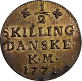 Denmark Christian VII Copper 1771 KM 1/2 Skilling Dansk aUNC KM# 615.2 (18 282)