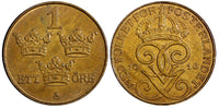 SWEDEN Gustaf V Bronze 1916 1 Öre Short "6" BU Condition KM# 777.2 (21 921)