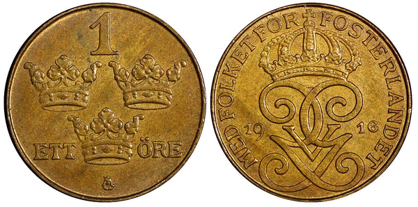 SWEDEN Gustaf V Bronze 1916 1 Öre Short "6" BU Condition KM# 777.2 (21 921)