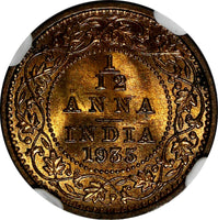 India-British George V Bronze 1935 (C) 1/12 Anna NGC MS65 RD FULL RED KM# 509(5)