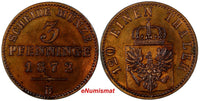 German States PRUSSIA Wilhelm I 1872-B 3 Pfennig Nice Toning UNC KM# 482(10 282)