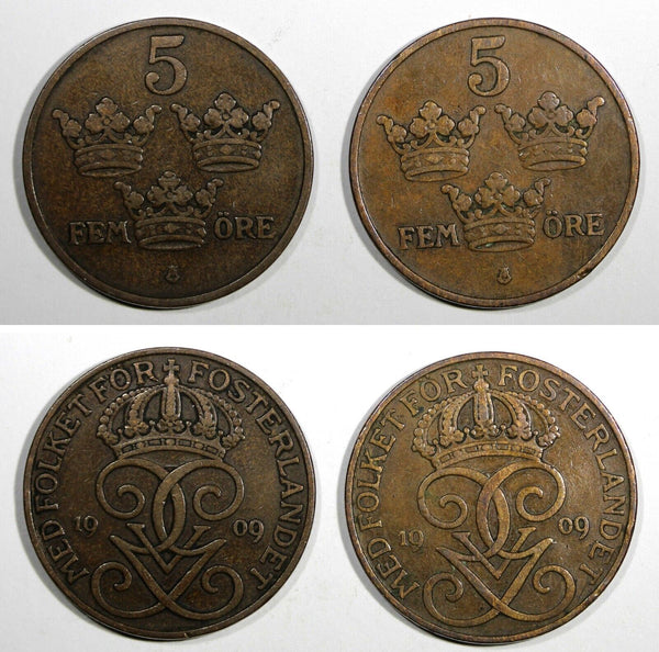 Sweden Gustaf V Bronze LOT OF 2 COINS 1909 5 Öre  SCARCE DATE KM# 779.2 (20 623)