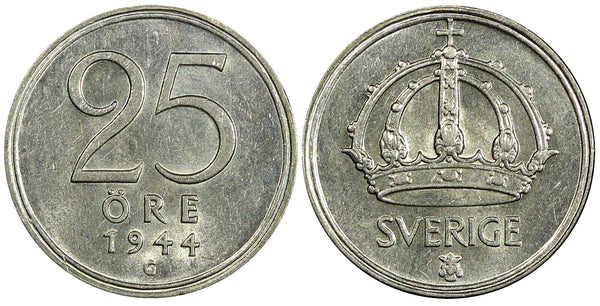 Sweden Gustaf V Silver 1944 G 25 Öre UNC  KM# 816 (22 027)