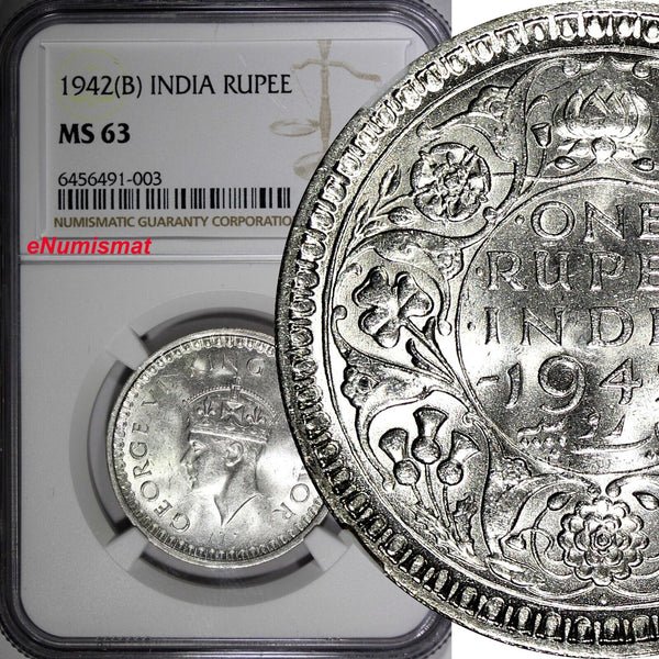 India-British George VI Silver 1942 (B) Rupee NGC MS63 Mint Luster KM# 556 (3)