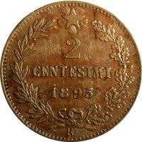 ITALY  Copper Umberto I 1895-R 2 Centesimi  High Grade Rare Date KM# 30