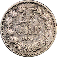 Sweden Oscar II Silver 1874 ST  25 Ore VF Condition KM# 738 ( 9118 )