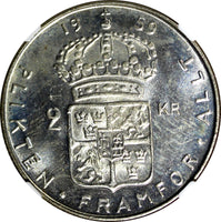 SWEDEN Gustaf VI Silver 1959 TS 2 Kronor NGC MS64 KM# 827 (015)