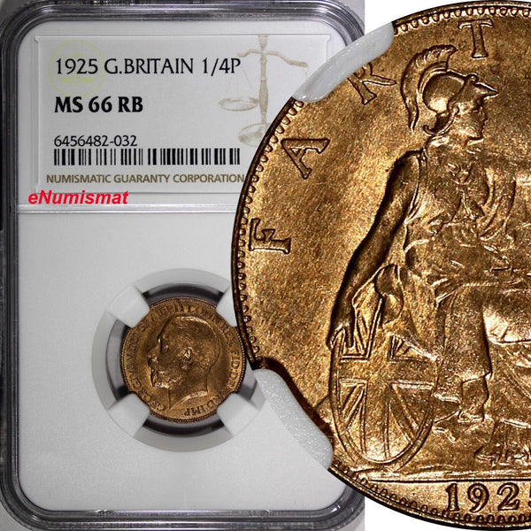 Great Britain George V 1925 Farthing NGC MS66 RB TOP GRADED.SCARCE KM# 808.2 (2)