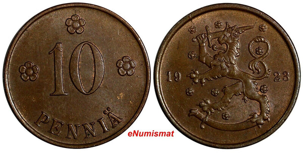 Finland Copper 1923 10 Pennia KEY DATE RARE Mintage-910,000 aUNC KM# 24 (15 110)
