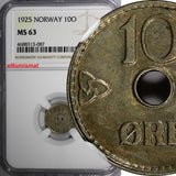 Norway Haakon VII 1925 10 Ore NGC MS63 BETTER DATE 1 GRADED HIGHER  KM# 383 (87)