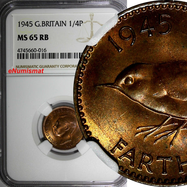Great Britain George VI Bronze 1945 Farthing NGC MS65 RB RED TONING KM# 843 (16)