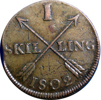 SWEDEN  1802  1 SKILLING OVERSTRUCK ON 2 ORE S.M. 1764 / FULL DATE  KM#566/2355A