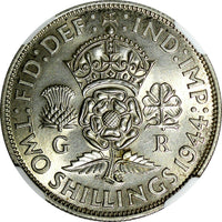 Great Britain George VI Silver 1944 Florin 2 Shillings NGC  AU58 KM# 855