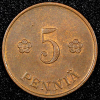 FINLAND Copper 1922 5 Penniä  UNC KM# 22 RANDOM PICK  (1 COIN)