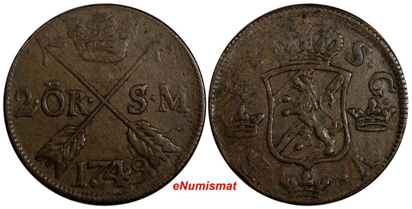 SWEDEN Frederick I Copper 1749 2 Ore S.M.Mintage-312,900 34 mm KM# 437 (15 198)