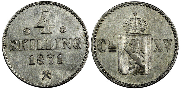 Norway Carl XV Silver 1871 4 Skilling 1 Yeat Type Mintage-559,000 KM# 337 (706)