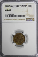 TUNISIA Anonymous  AH1360 1941 50 Centimes NGC MS65 TOP GRADED  KM# 246 (096)