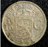 Netherlands East Indies Silver 1941 1/10 Gulden UNC Toning KM#318 (23 541)
