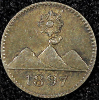 GUATEMALA Silver 1897 1/4 Real  Sun above 3 Volcanoes Toned KM# 162 (22 795)