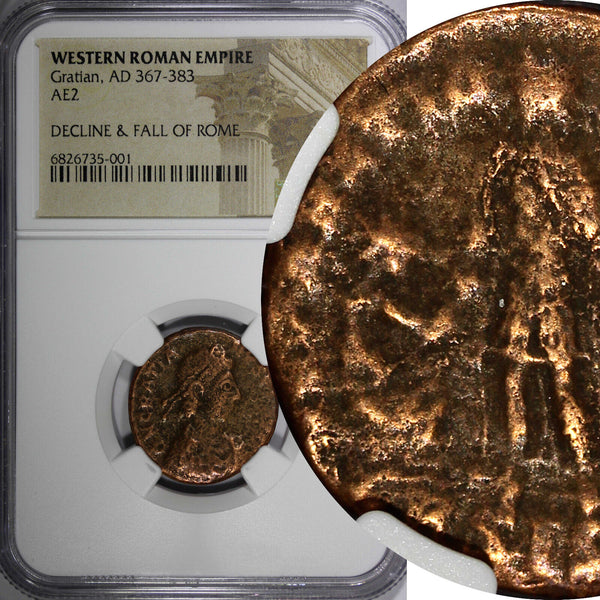 WESTERN ROMAN EMPIRE Gratian 367-383 AE2 Rev-Emperor dragging captive NGC (001)