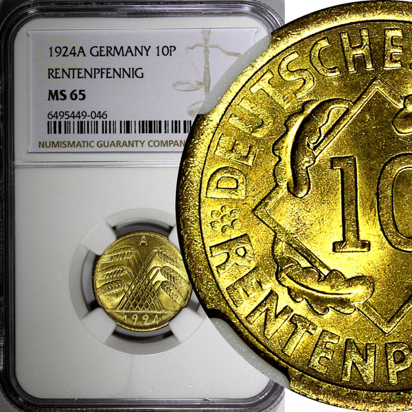Germany 1924 A 10 Reichspfennig NGC MS65 ONLY 1 GRADED HIGHEST BY NGC KM# 40 (8)