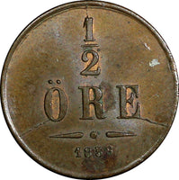 Sweden Oscar I Bronze 1858 1/2 Ore High Grade KM# 686 (21 884)