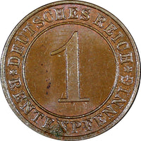 Germany - Weimar Republic Bronze 1923 A 1 Rentenpfennig Berlin Mint KM#30 (511)
