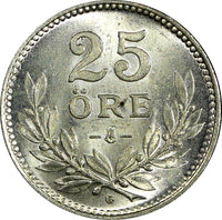 Sweden Gustaf V Silver 1936 G  25 Öre Choice UNC Luster KM# 785 (22 049)