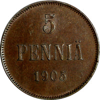 Finland Nicholas II Copper 1905 5 Pennia Mintage-620,000 BETTER DATE KM15/15 088