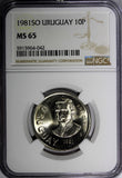 Uruguay 1981 SO 10 Nuevos Pesos NGC MS65 1 GRADED HIGHEST KM# 79 (042)