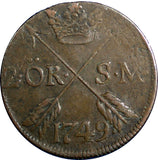 Sweden Frederick I 1749 2 Ore, S.M.Low Mintage-313,000  Better Details KM# 437